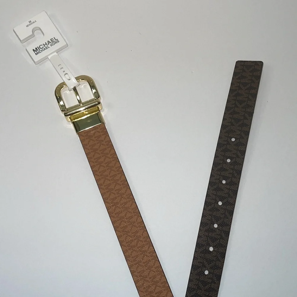 Michael Kors Reversible Women’s Belt Gold Buckle Signature MK Brown & Luggage.